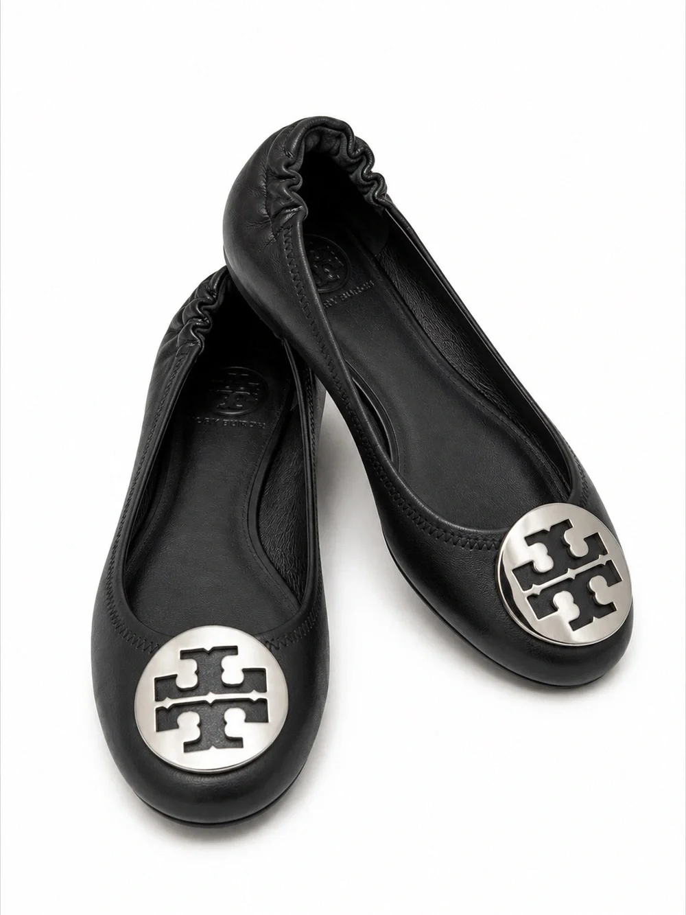 Tory Burch Minnie Ballet Flats Black Leather Silver Logo Logo Size 6